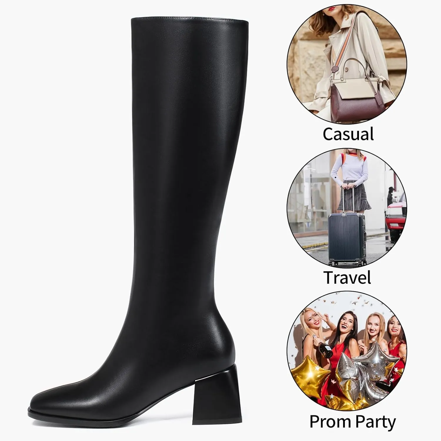 Knee High Boots for Women 70s Boots with Chunky Heel, Square Toe Tall Boots Side Zipper Block Heel Dress Boots
