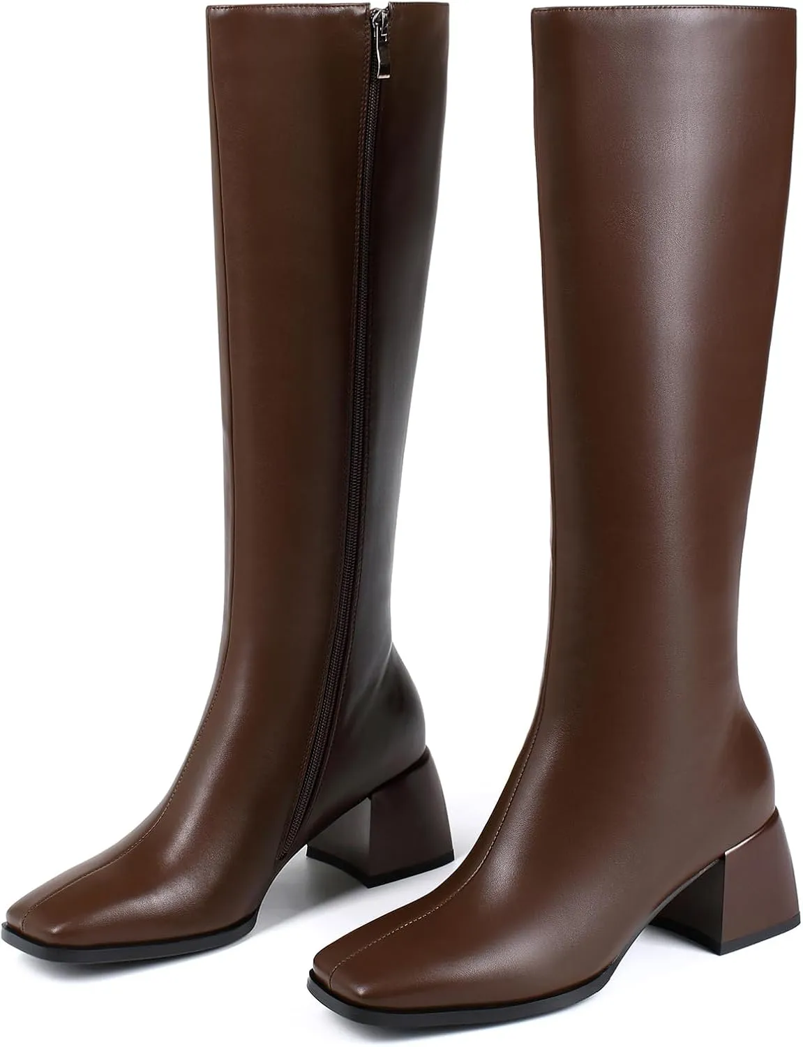 Knee High Boots for Women 70s Boots with Chunky Heel, Square Toe Tall Boots Side Zipper Block Heel Dress Boots