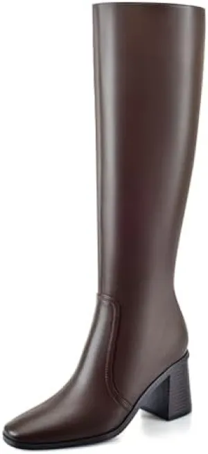 Knee High Boots for Women Chunky Heel Square Toe Tall Boots Wide Calf Fashion Long Boot with Side Zipper