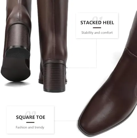 Knee High Boots for Women Chunky Heel Square Toe Tall Boots Wide Calf Fashion Long Boot with Side Zipper