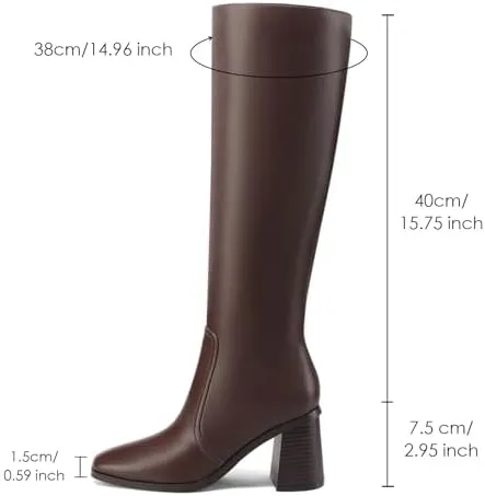 Knee High Boots for Women Chunky Heel Square Toe Tall Boots Wide Calf Fashion Long Boot with Side Zipper