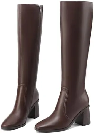 Knee High Boots for Women Chunky Heel Square Toe Tall Boots Wide Calf Fashion Long Boot with Side Zipper