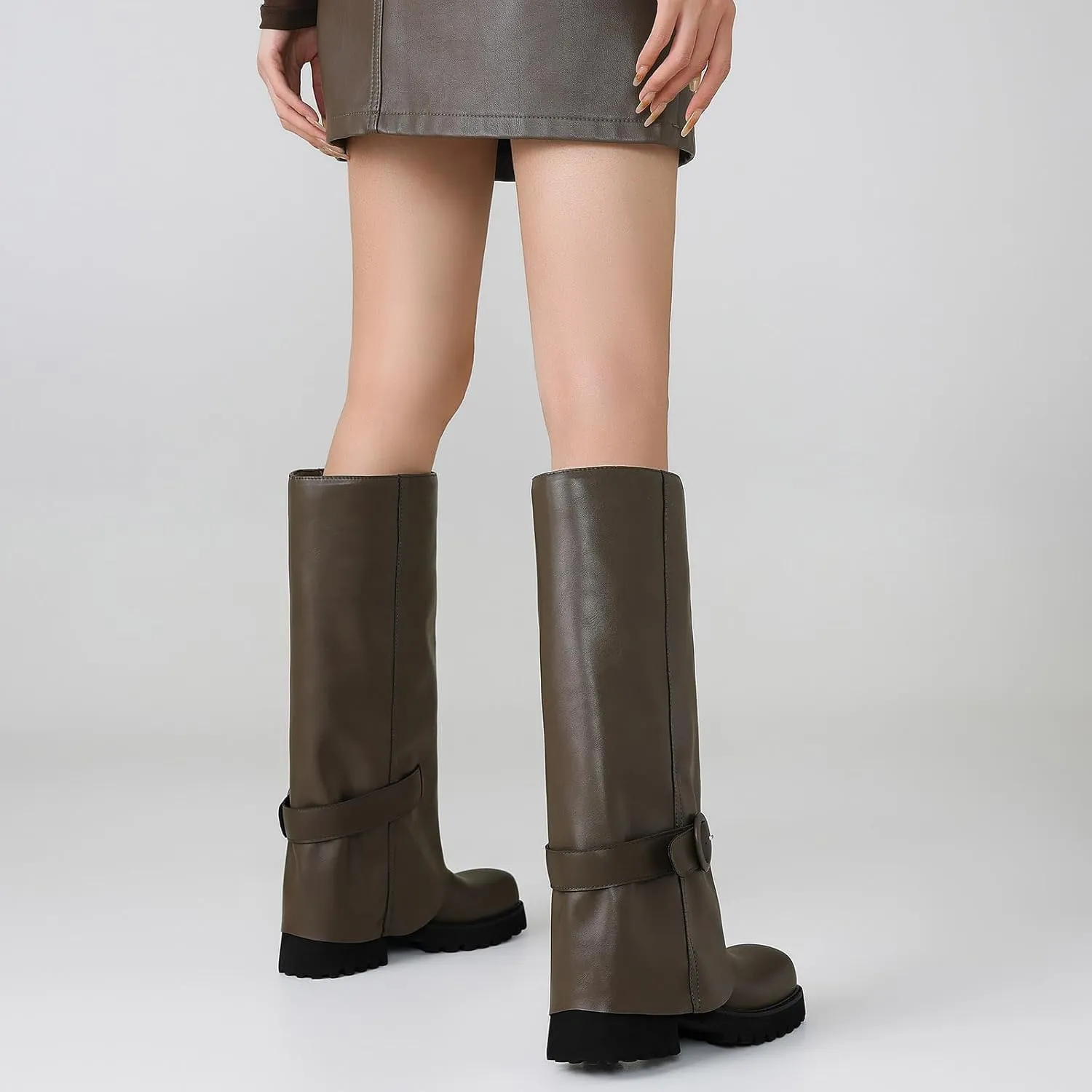 Knee High Boots Women Platform Knee High Boots for Women Square Toe Fold Over Dress Long Tall Boots