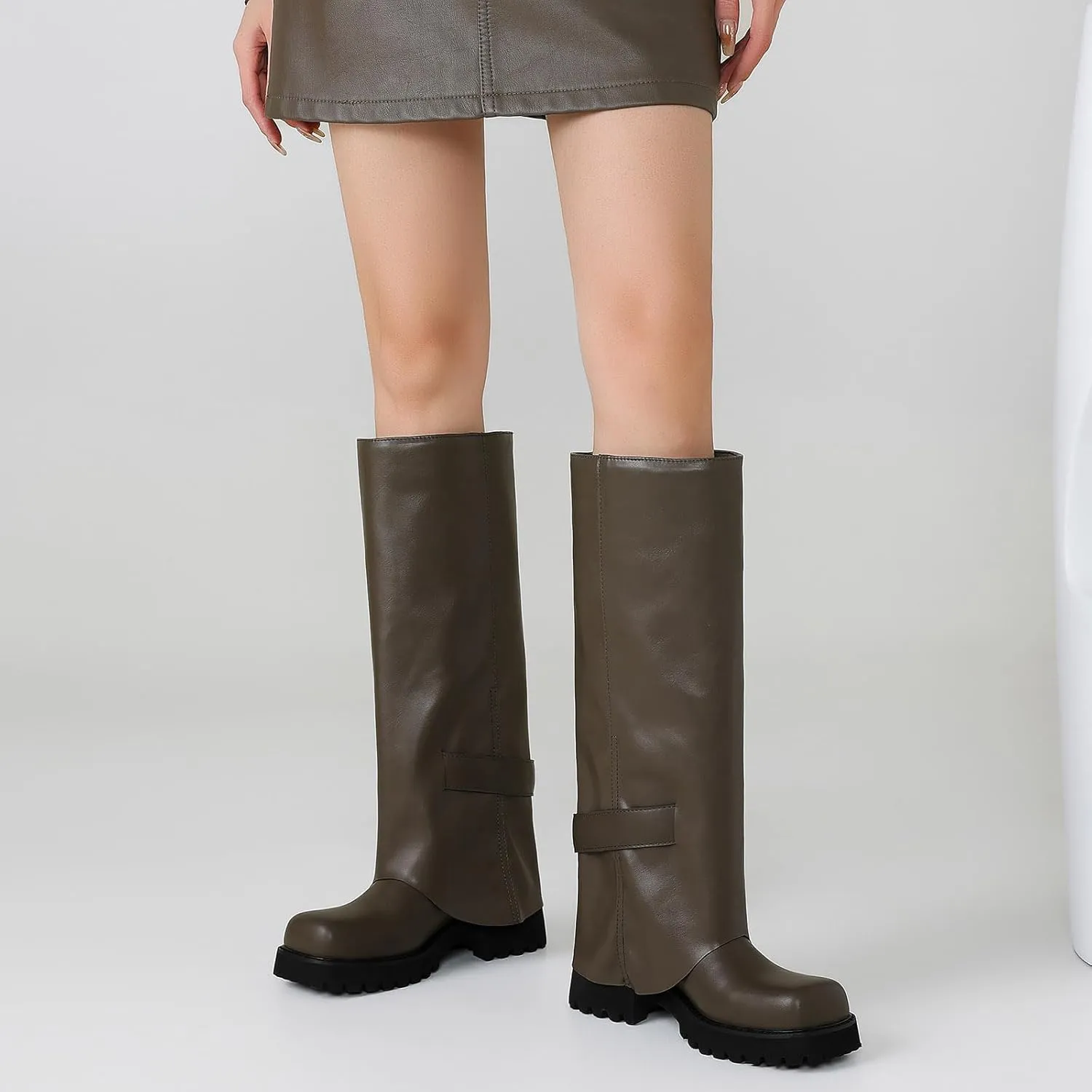 Knee High Boots Women Platform Knee High Boots for Women Square Toe Fold Over Dress Long Tall Boots