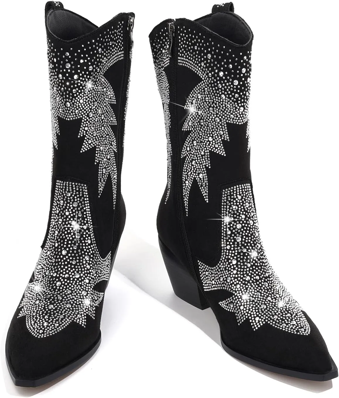 Knee High Cowboy Boots for Women Cowgirl Western Boots Rhinestone Bling Pointed Toe Chunky Heel Pull On Fashion Shoes Tall Black Boot