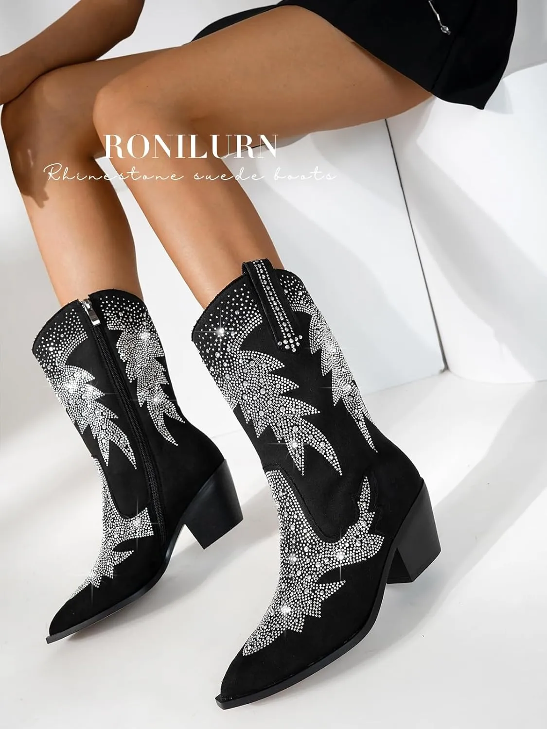 Knee High Cowboy Boots for Women Cowgirl Western Boots Rhinestone Bling Pointed Toe Chunky Heel Pull On Fashion Shoes Tall Black Boot
