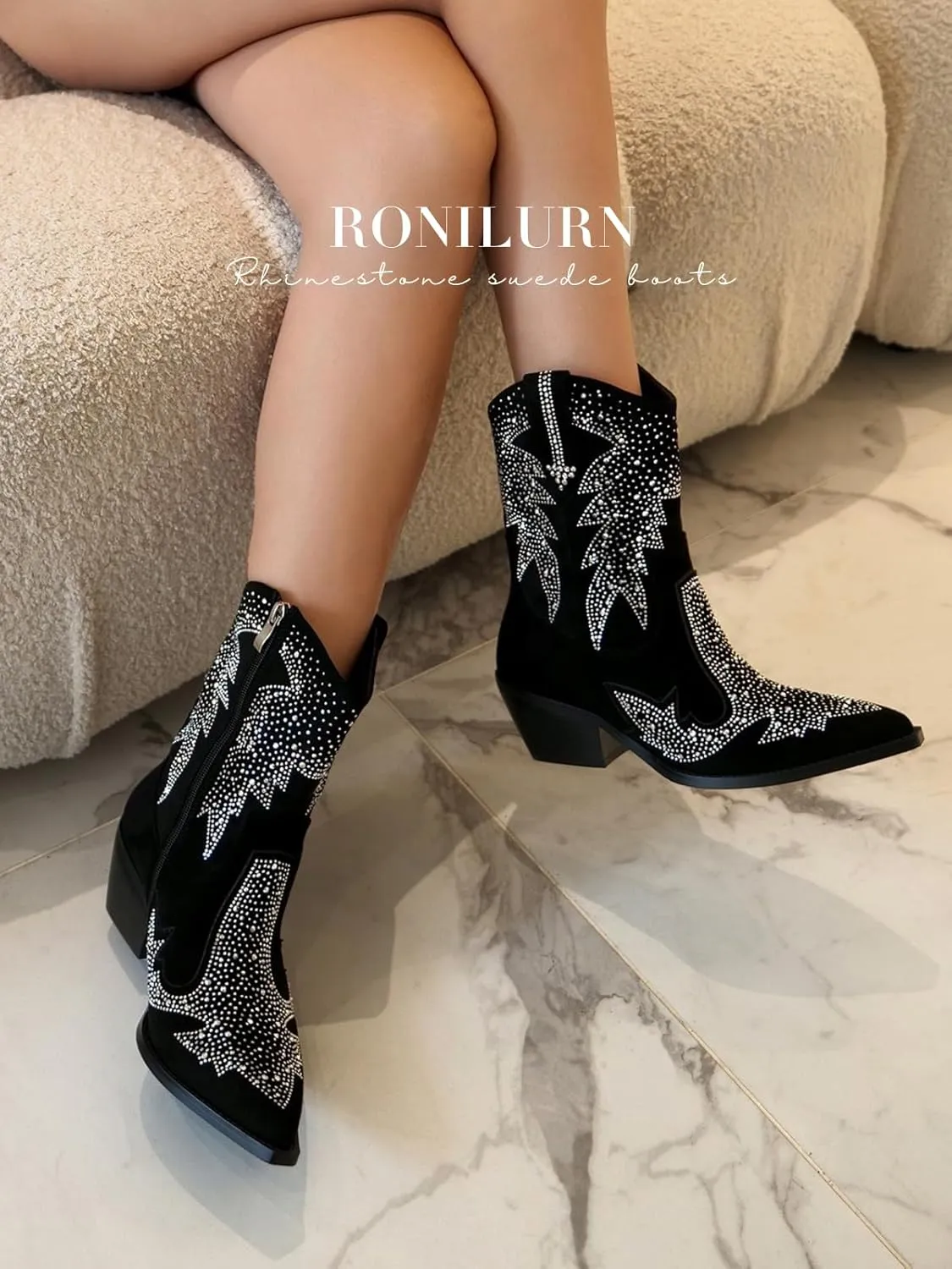 Knee High Cowboy Boots for Women Cowgirl Western Boots Rhinestone Bling Pointed Toe Chunky Heel Pull On Fashion Shoes Tall Black Boot