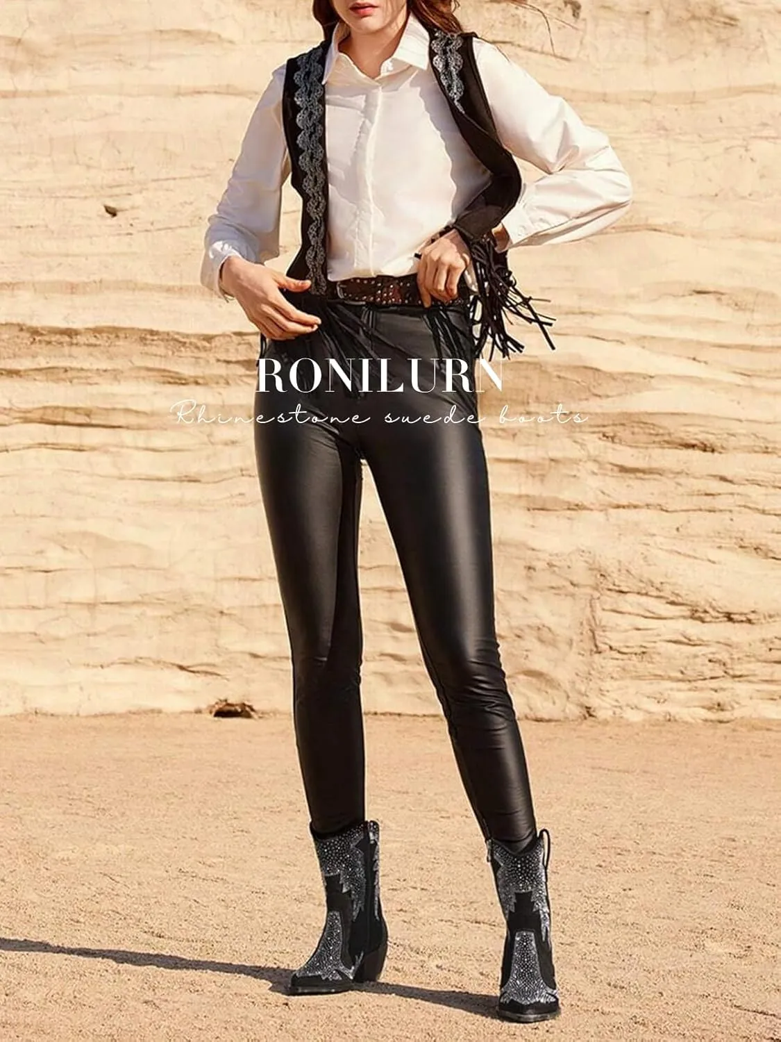 Knee High Cowboy Boots for Women Cowgirl Western Boots Rhinestone Bling Pointed Toe Chunky Heel Pull On Fashion Shoes Tall Black Boot