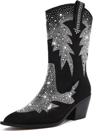 Knee High Cowboy Boots for Women Cowgirl Western Boots Rhinestone Bling Pointed Toe Chunky Heel Pull On Fashion Shoes Tall Black Boot