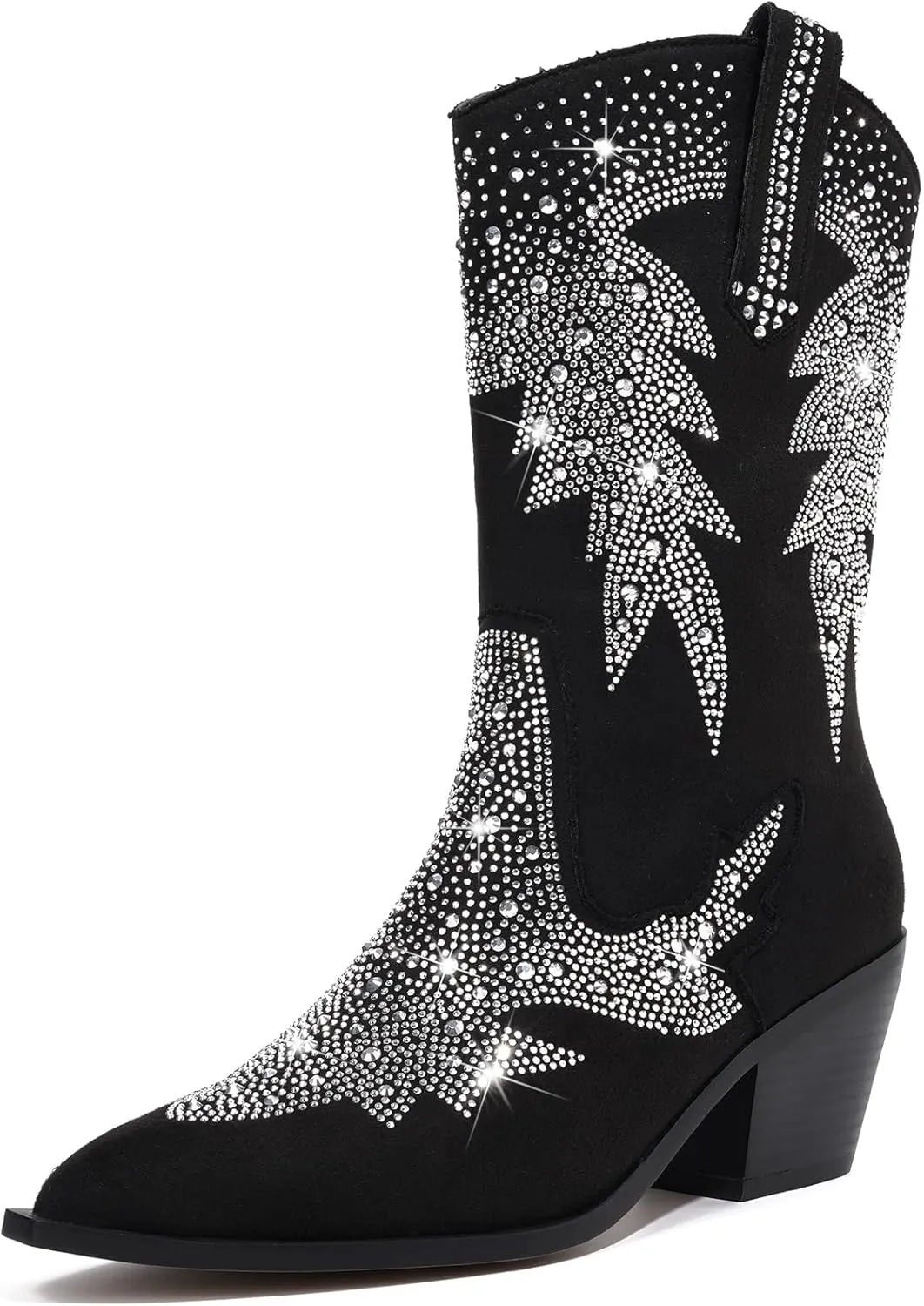 Knee High Cowboy Boots for Women Cowgirl Western Boots Rhinestone Bling Pointed Toe Chunky Heel Pull On Fashion Shoes Tall Black Boot