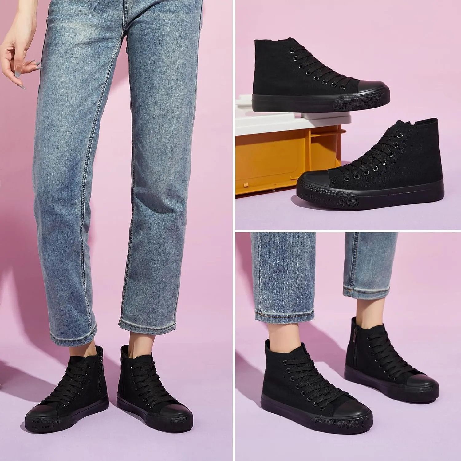 kufeiti Women's High Top Canvas Sneakers Canvas Shoes Lace up White Black Sneakers Casual Walking Shoes