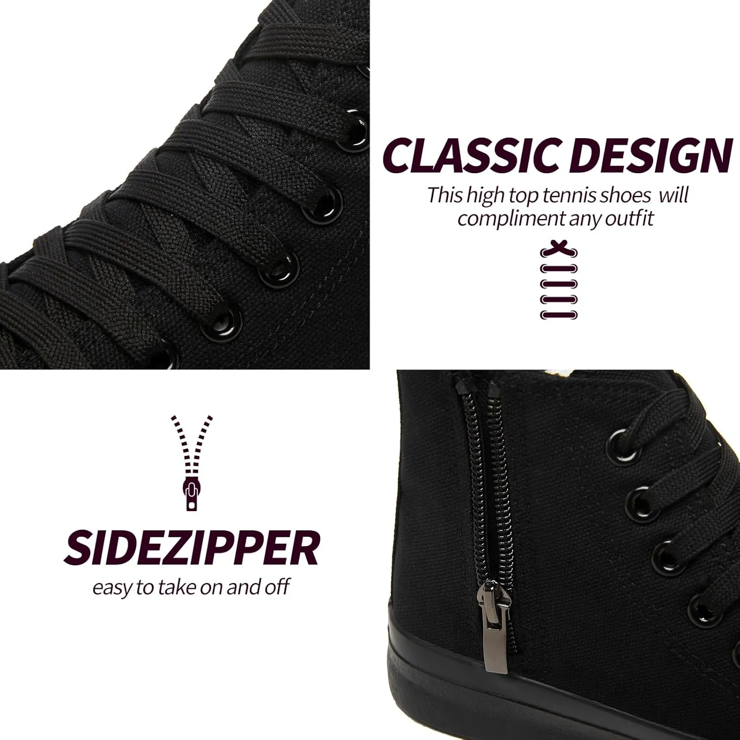 kufeiti Women's High Top Canvas Sneakers Canvas Shoes Lace up White Black Sneakers Casual Walking Shoes