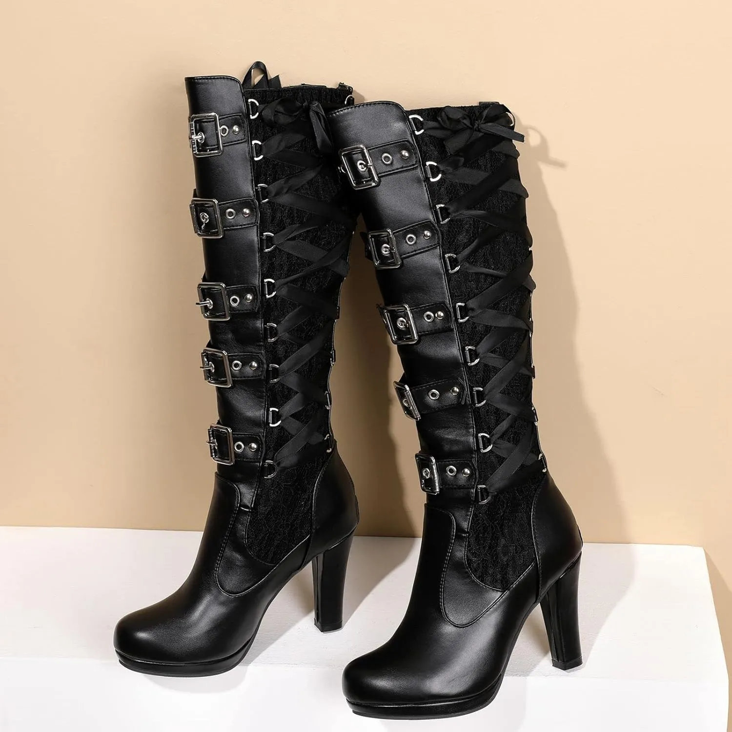 KysBloes Women Lace Goth Knee High Boots Buckle Block Heel Lace Up Knee Length Boots Punk Platform Tall Boots