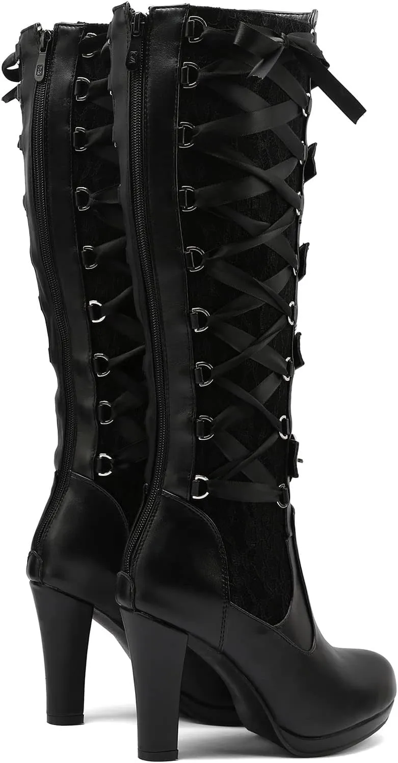 KysBloes Women Lace Goth Knee High Boots Buckle Block Heel Lace Up Knee Length Boots Punk Platform Tall Boots