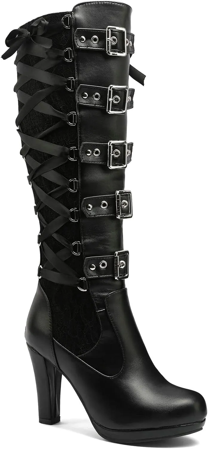 KysBloes Women Lace Goth Knee High Boots Buckle Block Heel Lace Up Knee Length Boots Punk Platform Tall Boots