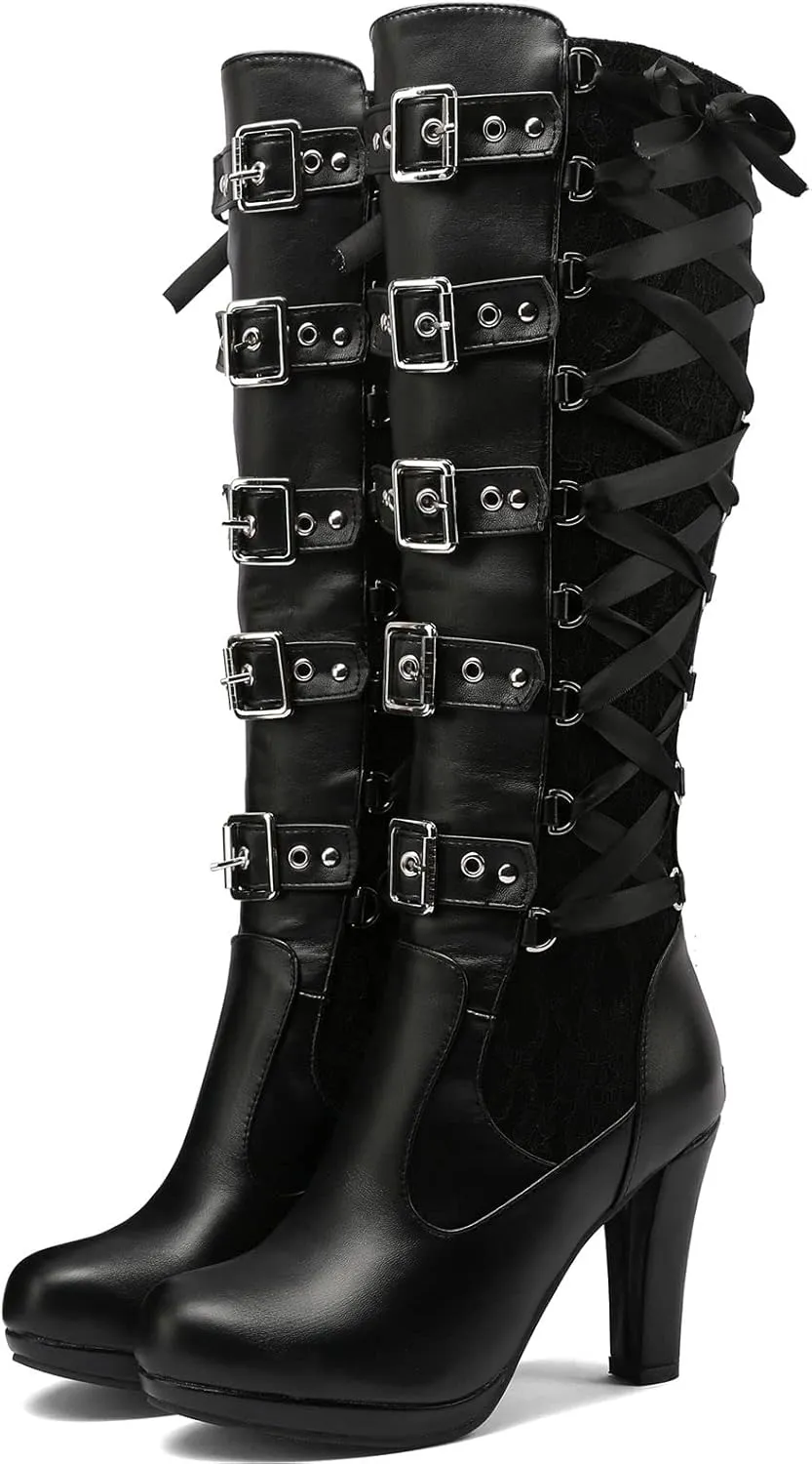 KysBloes Women Lace Goth Knee High Boots Buckle Block Heel Lace Up Knee Length Boots Punk Platform Tall Boots