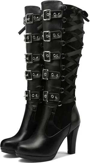 KysBloes Women Lace Goth Knee High Boots Buckle Block Heel Lace Up Knee Length Boots Punk Platform Tall Boots