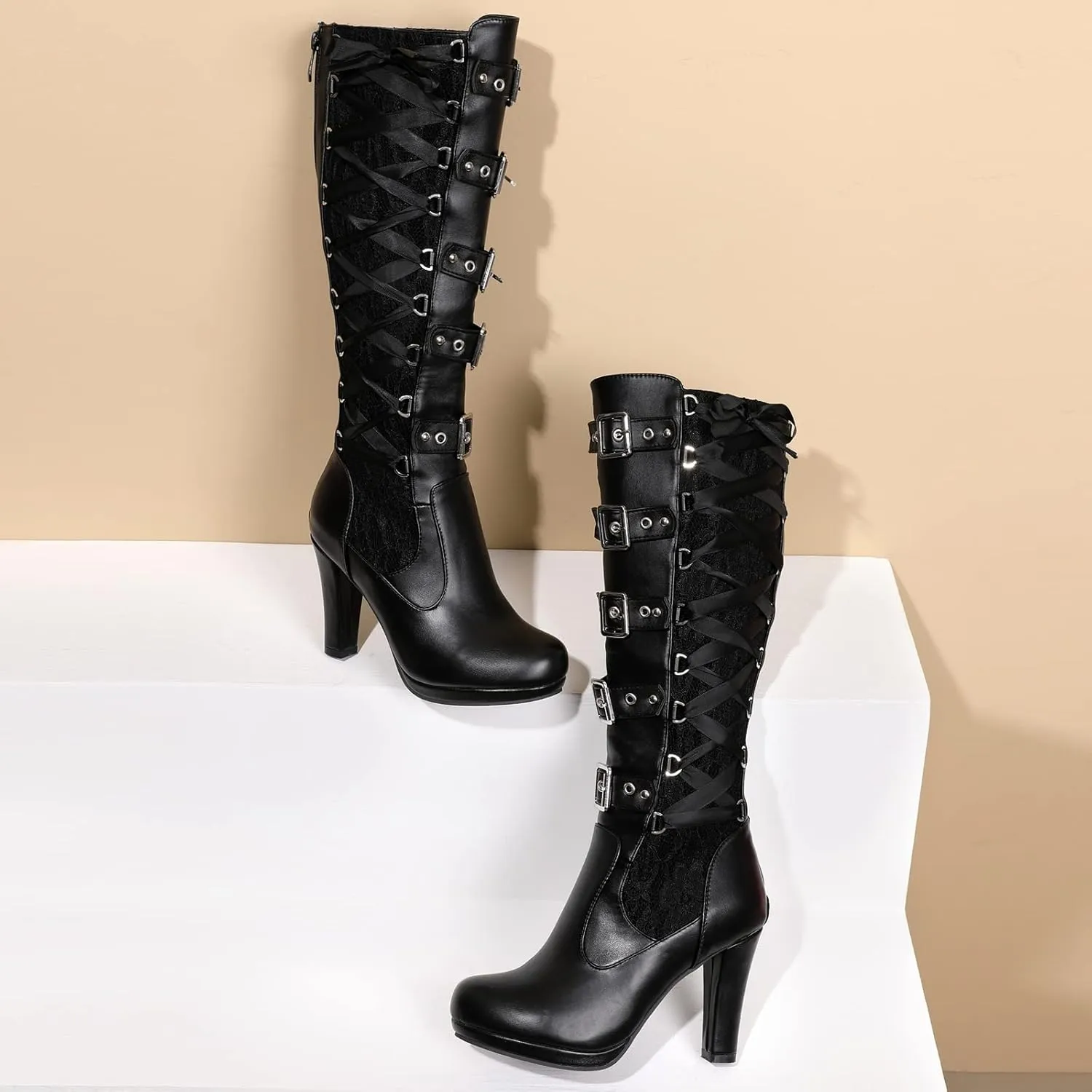 KysBloes Women Lace Goth Knee High Boots Buckle Block Heel Lace Up Knee Length Boots Punk Platform Tall Boots