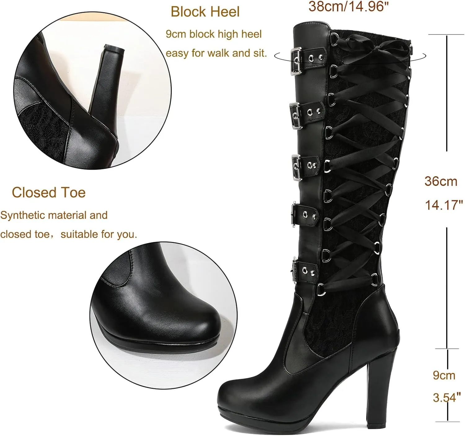 KysBloes Women Lace Goth Knee High Boots Buckle Block Heel Lace Up Knee Length Boots Punk Platform Tall Boots