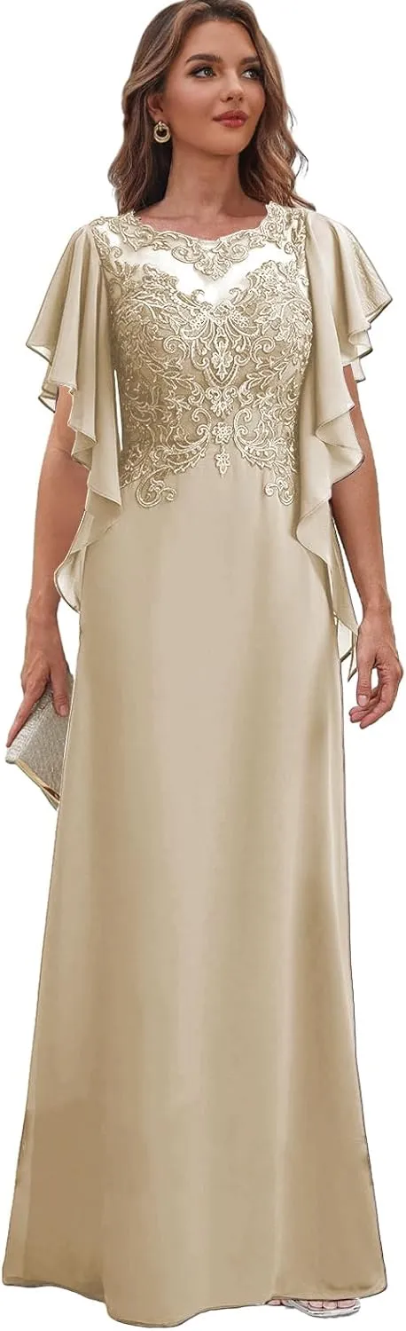 Lace Mother of The Bride Dresses with Sleeves for Wedding Chiffon Long Formal Dress Ruffles Evening Gown