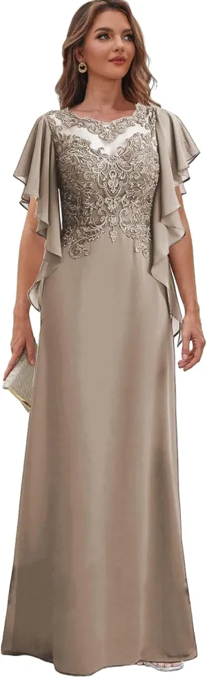 Lace Mother of The Bride Dresses with Sleeves for Wedding Chiffon Long Formal Dress Ruffles Evening Gown