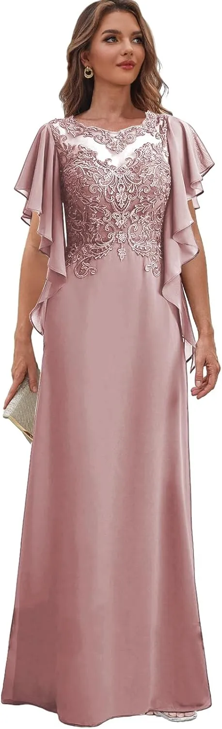 Lace Mother of The Bride Dresses with Sleeves for Wedding Chiffon Long Formal Dress Ruffles Evening Gown