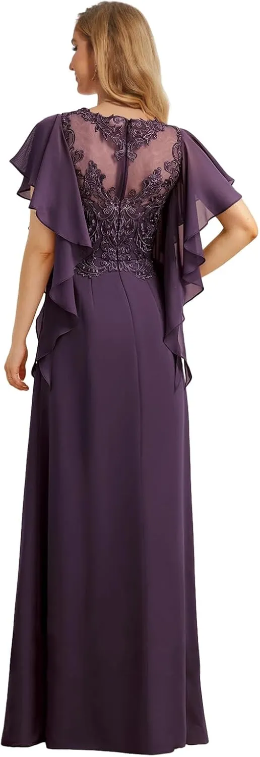 Lace Mother of The Bride Dresses with Sleeves for Wedding Chiffon Long Formal Dress Ruffles Evening Gown