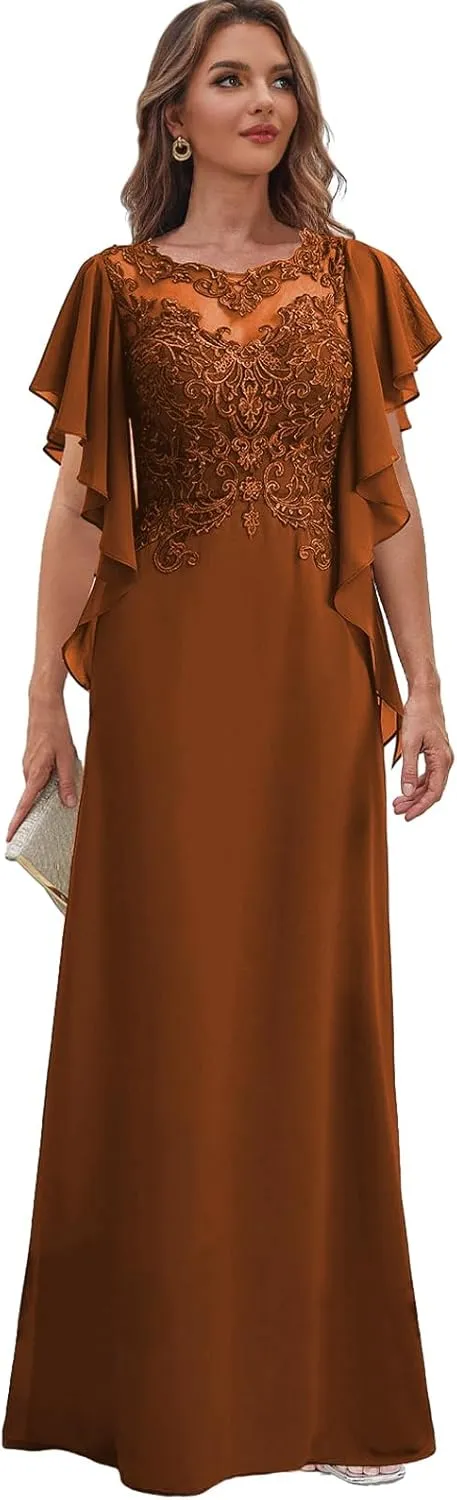 Lace Mother of The Bride Dresses with Sleeves for Wedding Chiffon Long Formal Dress Ruffles Evening Gown