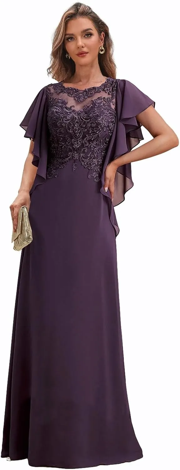 Lace Mother of The Bride Dresses with Sleeves for Wedding Chiffon Long Formal Dress Ruffles Evening Gown