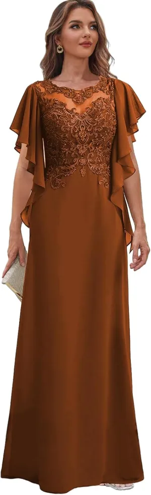 Lace Mother of The Bride Dresses with Sleeves for Wedding Chiffon Long Formal Dress Ruffles Evening Gown