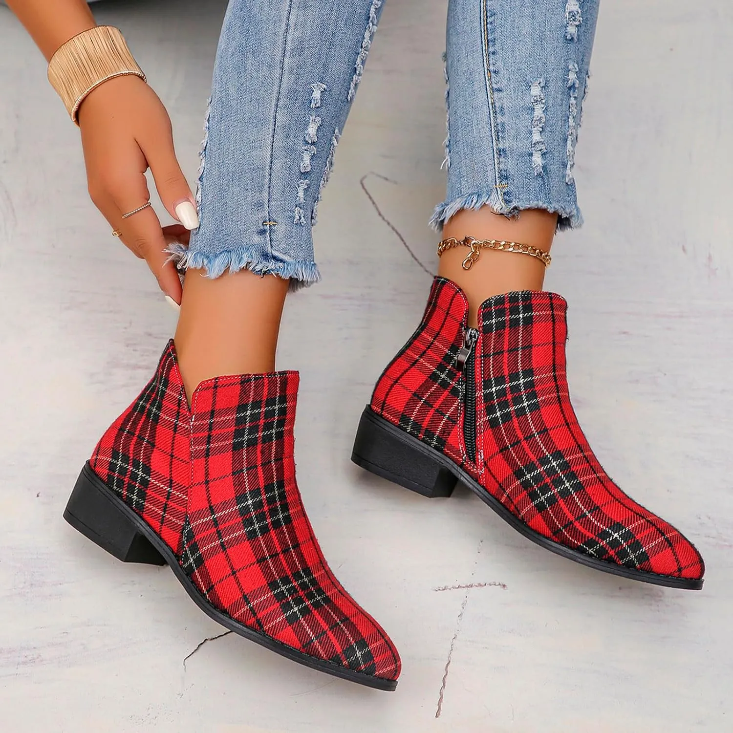 Ladies Fashion Christmas Plaid Pointed Side Zipper Thick Heel Ankle Boots Platform Boots Women Dressy