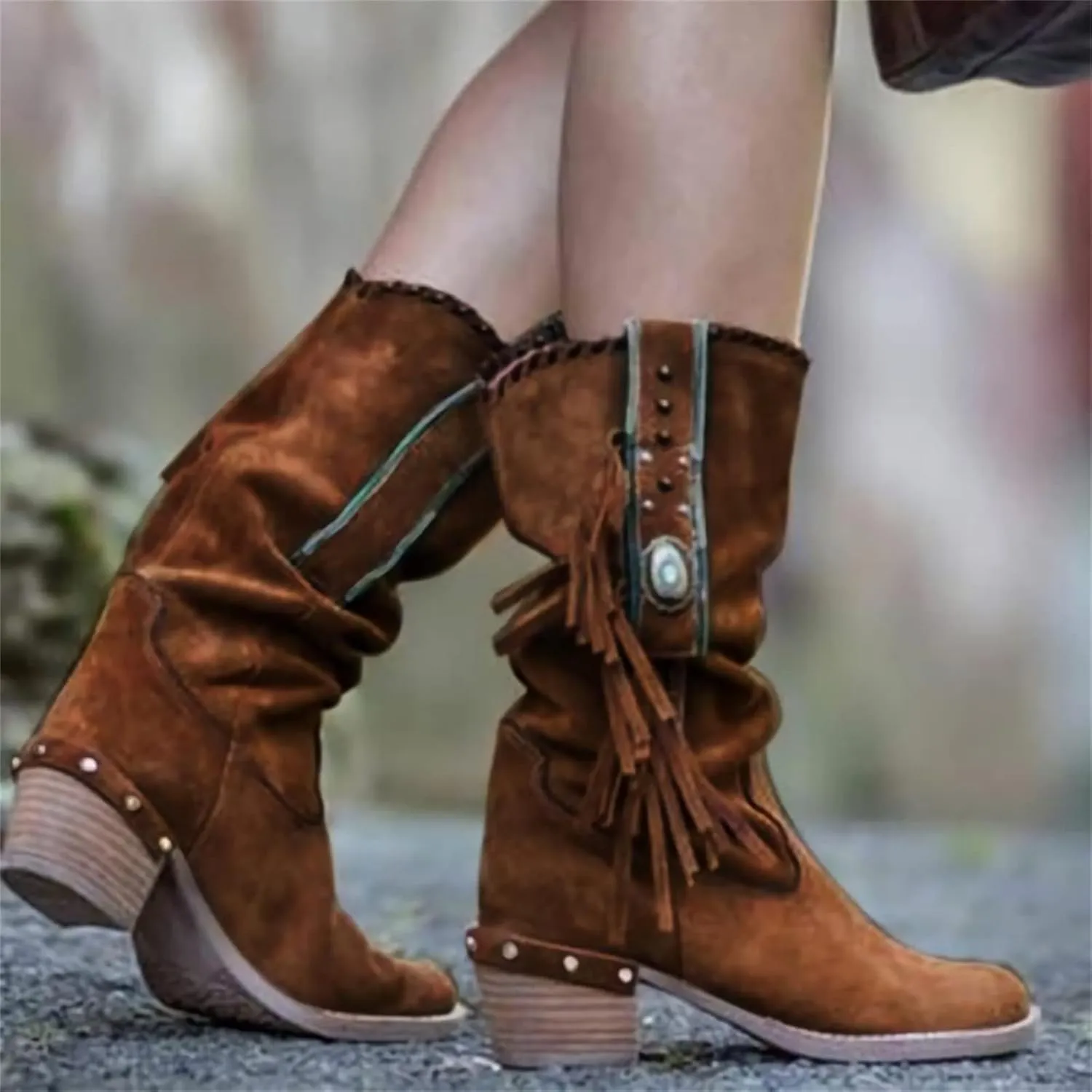 Ladmiple Fringe Boots For Women Boho Cowboy Boots Cowgirl Mid Calf Western Ankle Boots Pull on Fashion Short Booties Walking Shoes