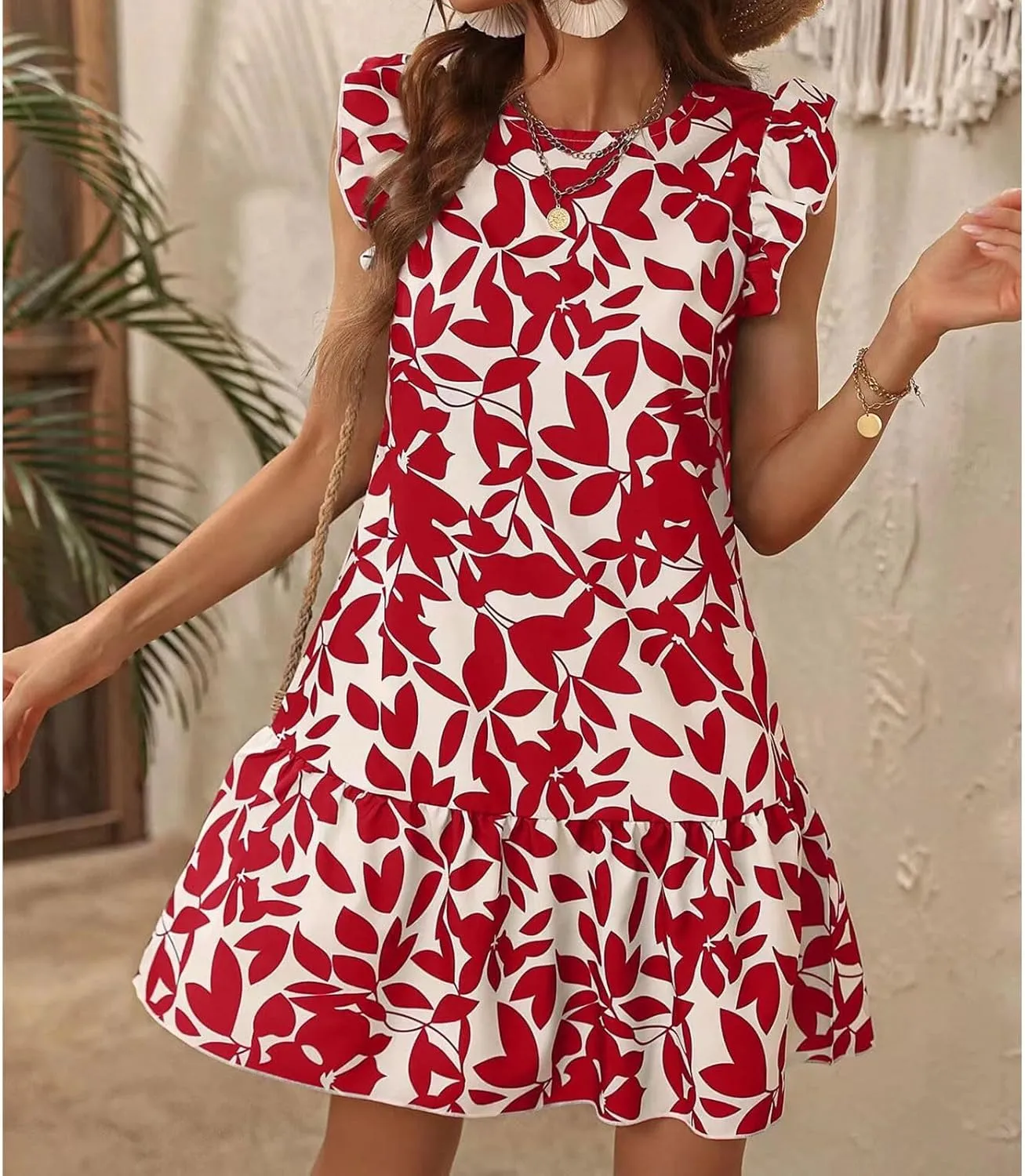 Lastesso Boho Dresses for Women 2024 Ruffle Cap Sleeve Loose Summer Sundresses Casual Crewneck Printed Beach Short Mini Dress
