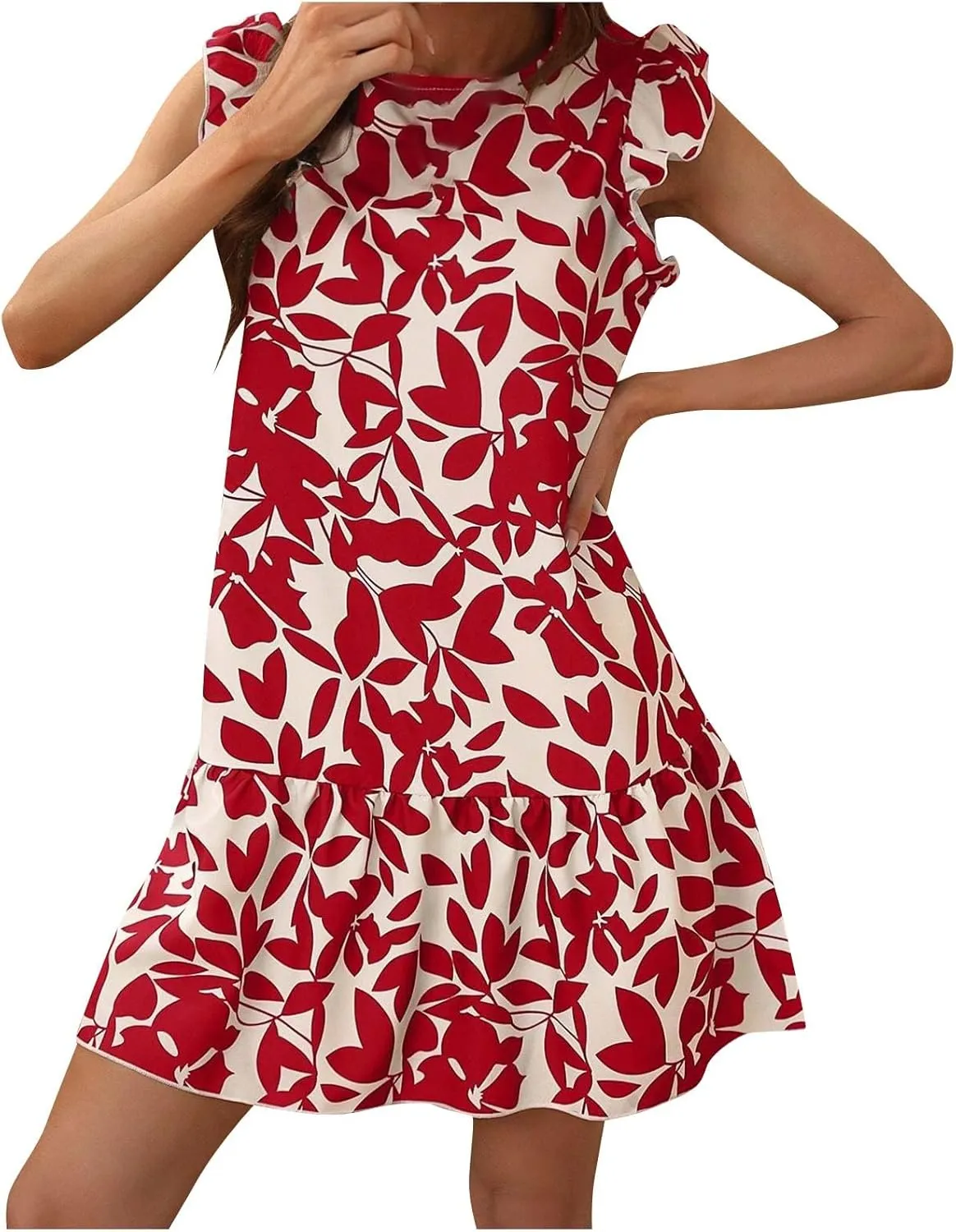 Lastesso Boho Dresses for Women 2024 Ruffle Cap Sleeve Loose Summer Sundresses Casual Crewneck Printed Beach Short Mini Dress