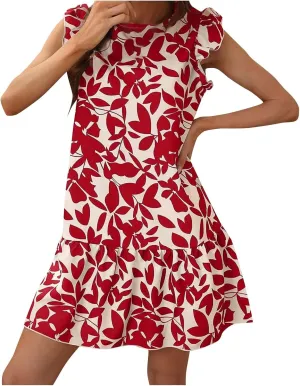 Lastesso Boho Dresses for Women 2024 Ruffle Cap Sleeve Loose Summer Sundresses Casual Crewneck Printed Beach Short Mini Dress