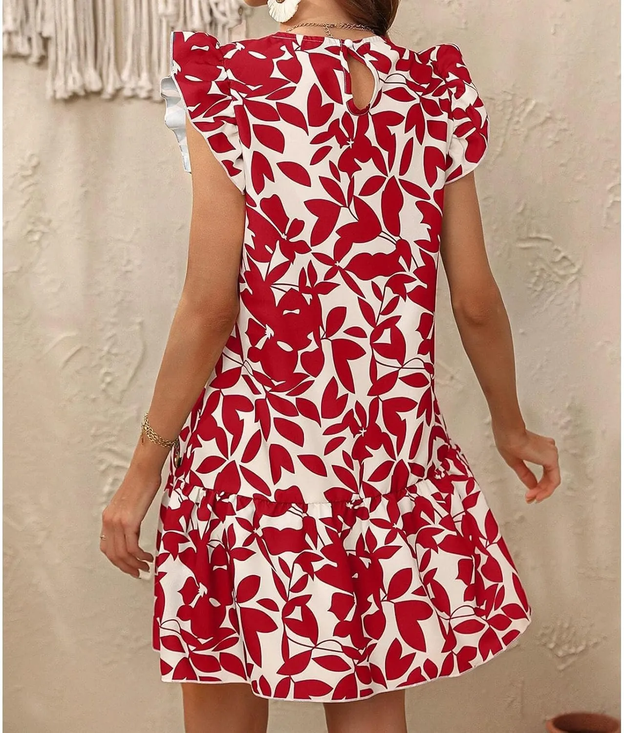 Lastesso Boho Dresses for Women 2024 Ruffle Cap Sleeve Loose Summer Sundresses Casual Crewneck Printed Beach Short Mini Dress