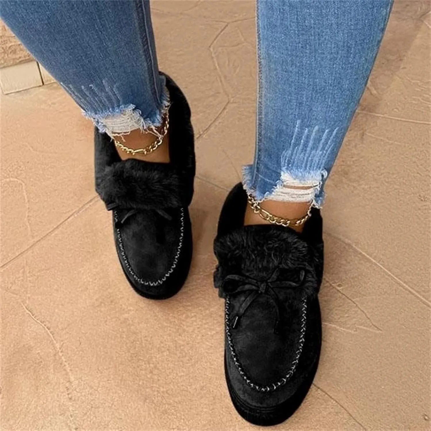 Lausiuoe Winter Boots For Women 2022 With Fur Fuzzy Bootie Silp On Comfortable Casual Warm Fluffy Loafers Ankle Boots