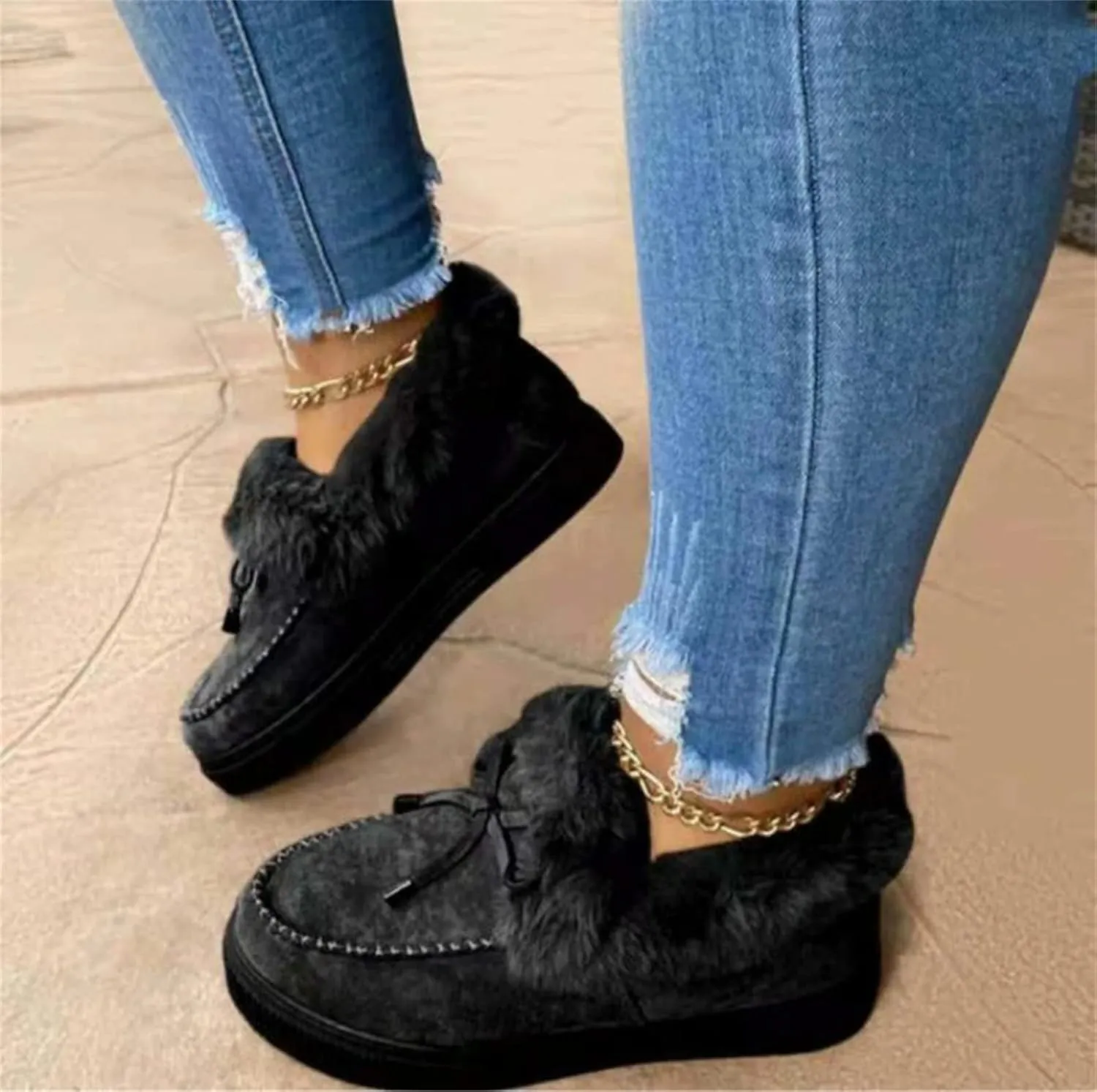 Lausiuoe Winter Boots For Women 2022 With Fur Fuzzy Bootie Silp On Comfortable Casual Warm Fluffy Loafers Ankle Boots