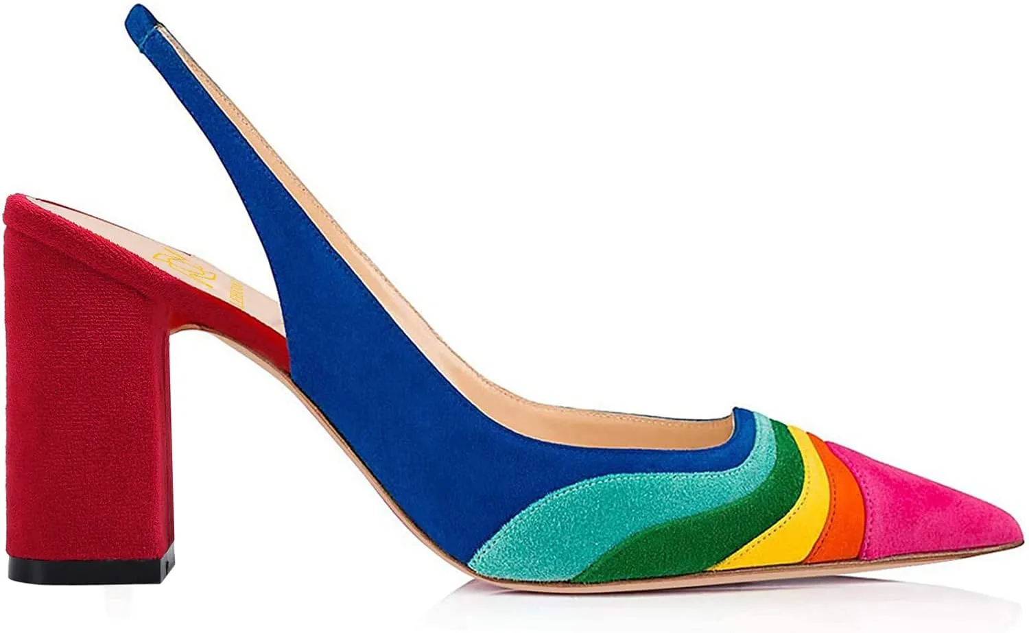 LEHOOR Women Rainbow Slingback Pumps Suede Chunky Block High Heel Dress Shoes Closed Pointed Toe Sandals Elastic Ankle Strap Office Work Shoe Multicolored Patchwork Wedding Party Prom Spring 4-13 M US