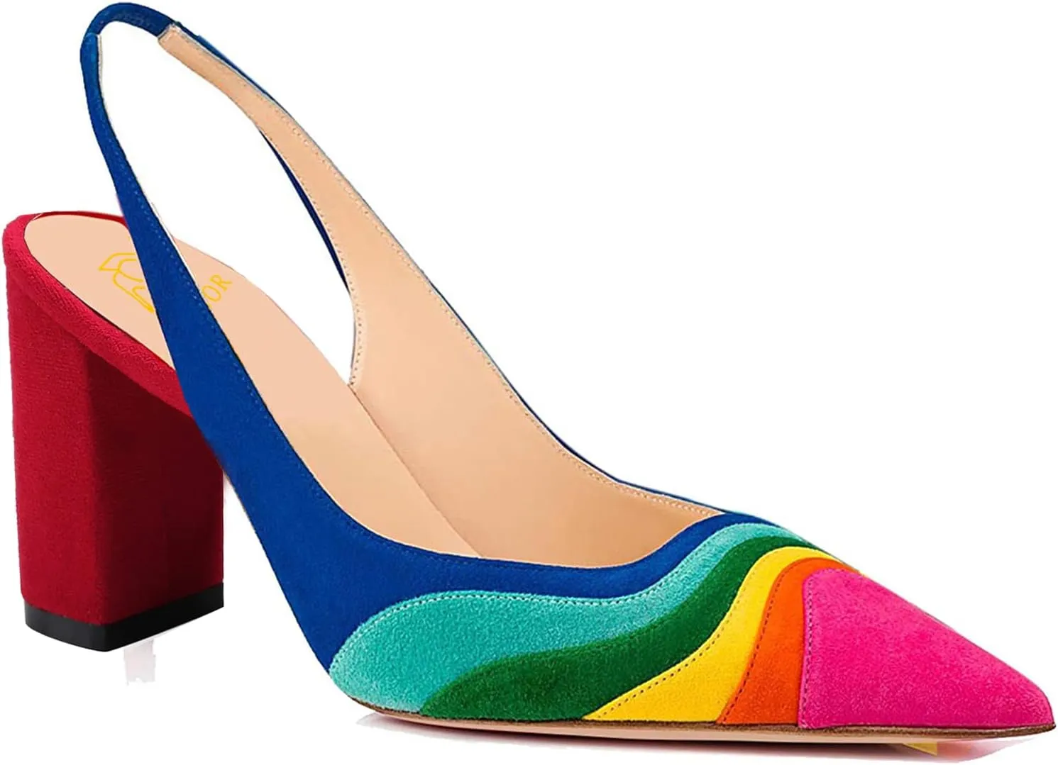 LEHOOR Women Rainbow Slingback Pumps Suede Chunky Block High Heel Dress Shoes Closed Pointed Toe Sandals Elastic Ankle Strap Office Work Shoe Multicolored Patchwork Wedding Party Prom Spring 4-13 M US