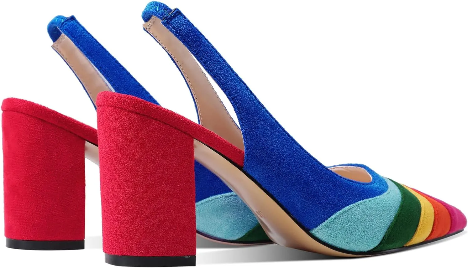 LEHOOR Women Rainbow Slingback Pumps Suede Chunky Block High Heel Dress Shoes Closed Pointed Toe Sandals Elastic Ankle Strap Office Work Shoe Multicolored Patchwork Wedding Party Prom Spring 4-13 M US