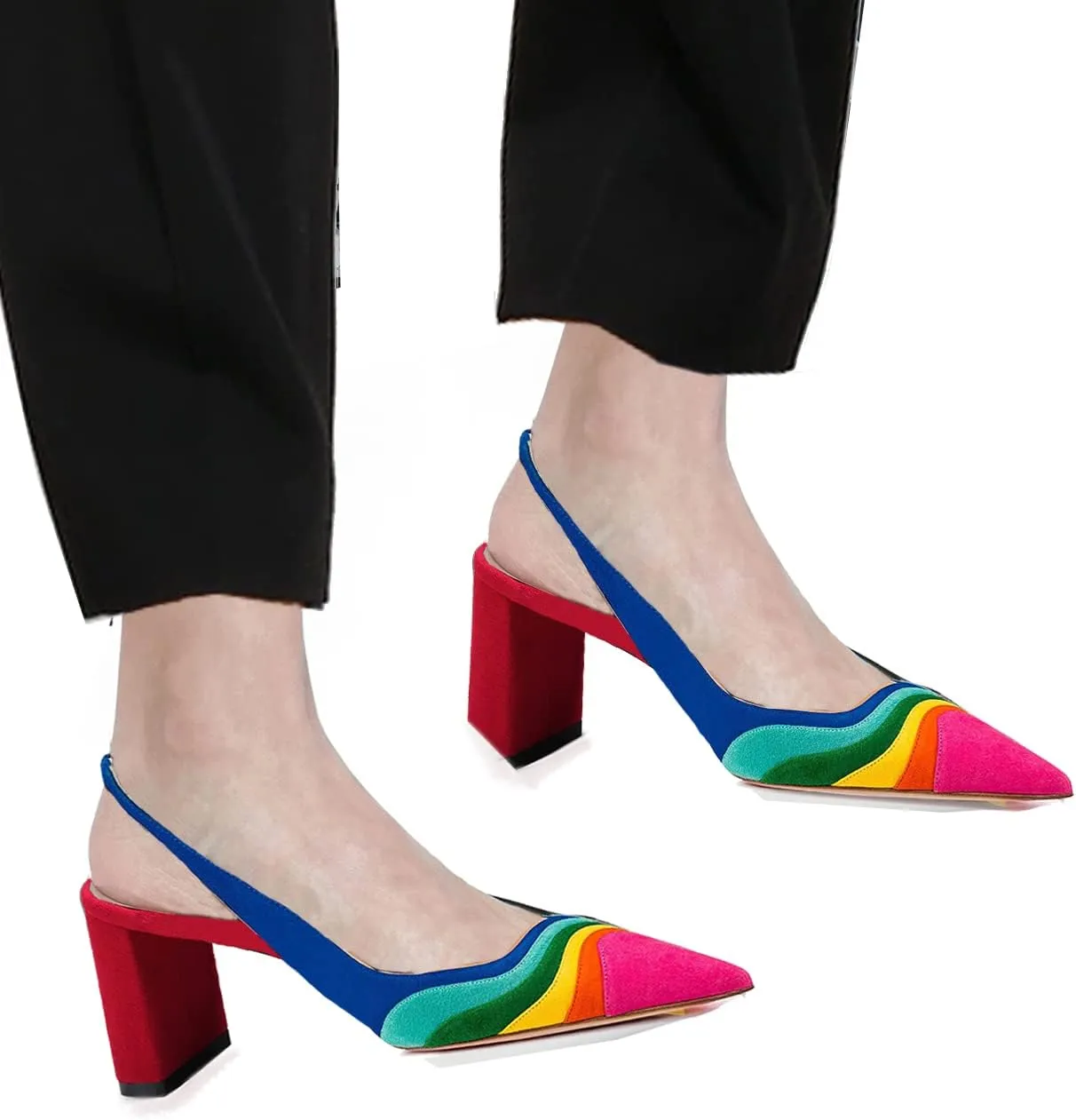LEHOOR Women Rainbow Slingback Pumps Suede Chunky Block High Heel Dress Shoes Closed Pointed Toe Sandals Elastic Ankle Strap Office Work Shoe Multicolored Patchwork Wedding Party Prom Spring 4-13 M US