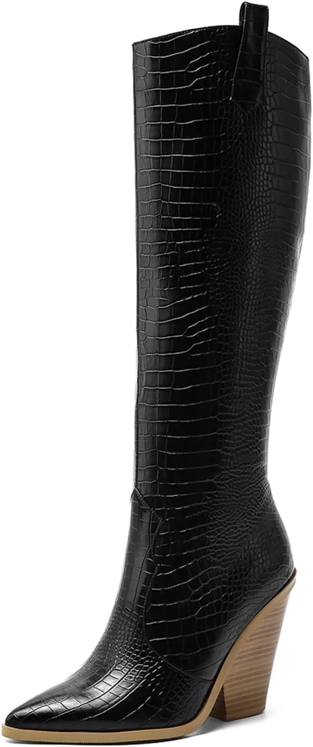 LEHOOR Women Western Knee High Boots Chunky Heel Pointed Toe Crocodile Cowboy Long Boots Side Zipper Sexy 4 Inch Stacked High Heel Tall Boots Cowgirl Mid Calf Animal Print Vintage Party 4-13 M US