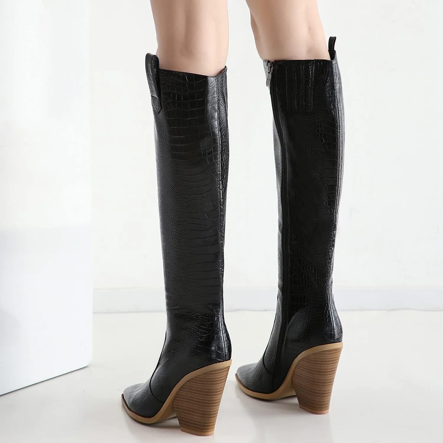 LEHOOR Women Western Knee High Boots Chunky Heel Pointed Toe Crocodile Cowboy Long Boots Side Zipper Sexy 4 Inch Stacked High Heel Tall Boots Cowgirl Mid Calf Animal Print Vintage Party 4-13 M US