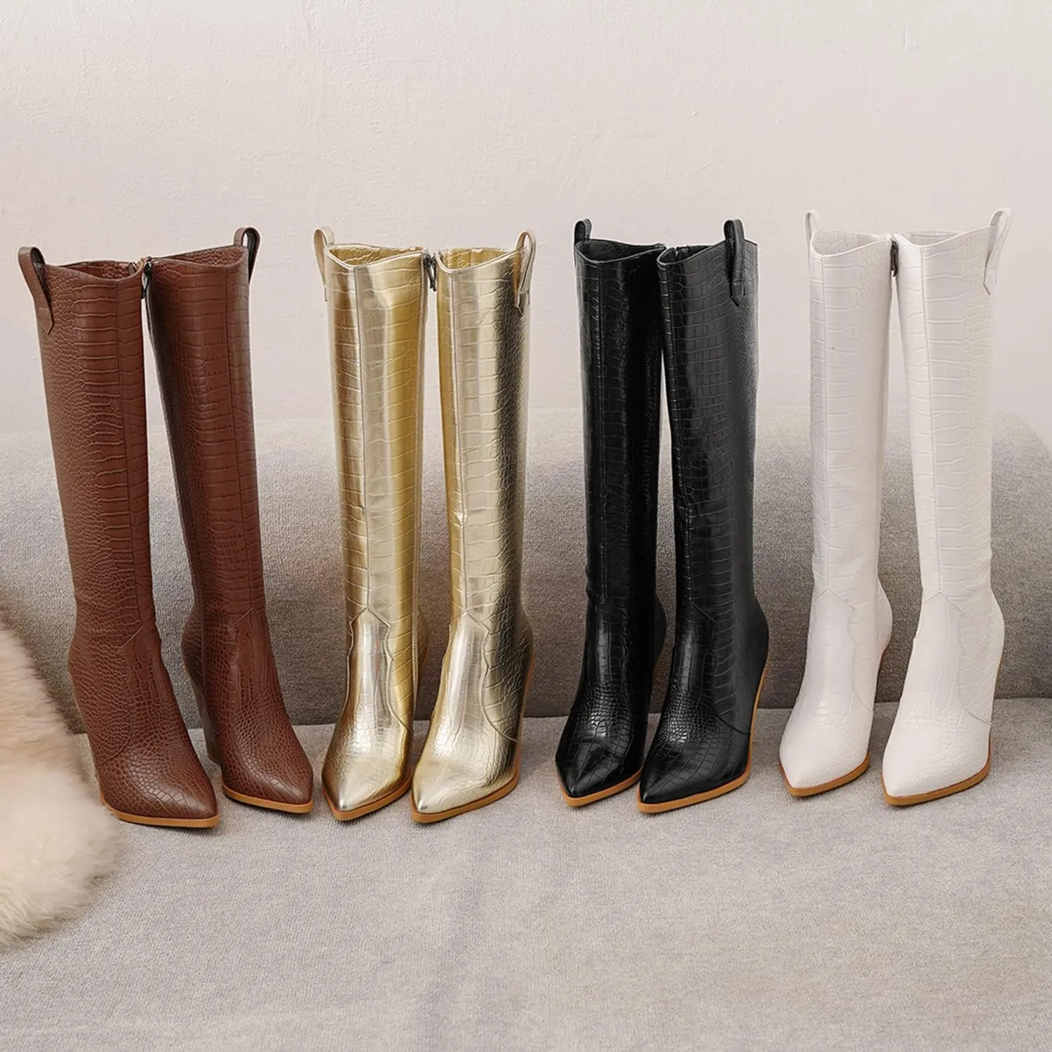 LEHOOR Women Western Knee High Boots Chunky Heel Pointed Toe Crocodile Cowboy Long Boots Side Zipper Sexy 4 Inch Stacked High Heel Tall Boots Cowgirl Mid Calf Animal Print Vintage Party 4-13 M US