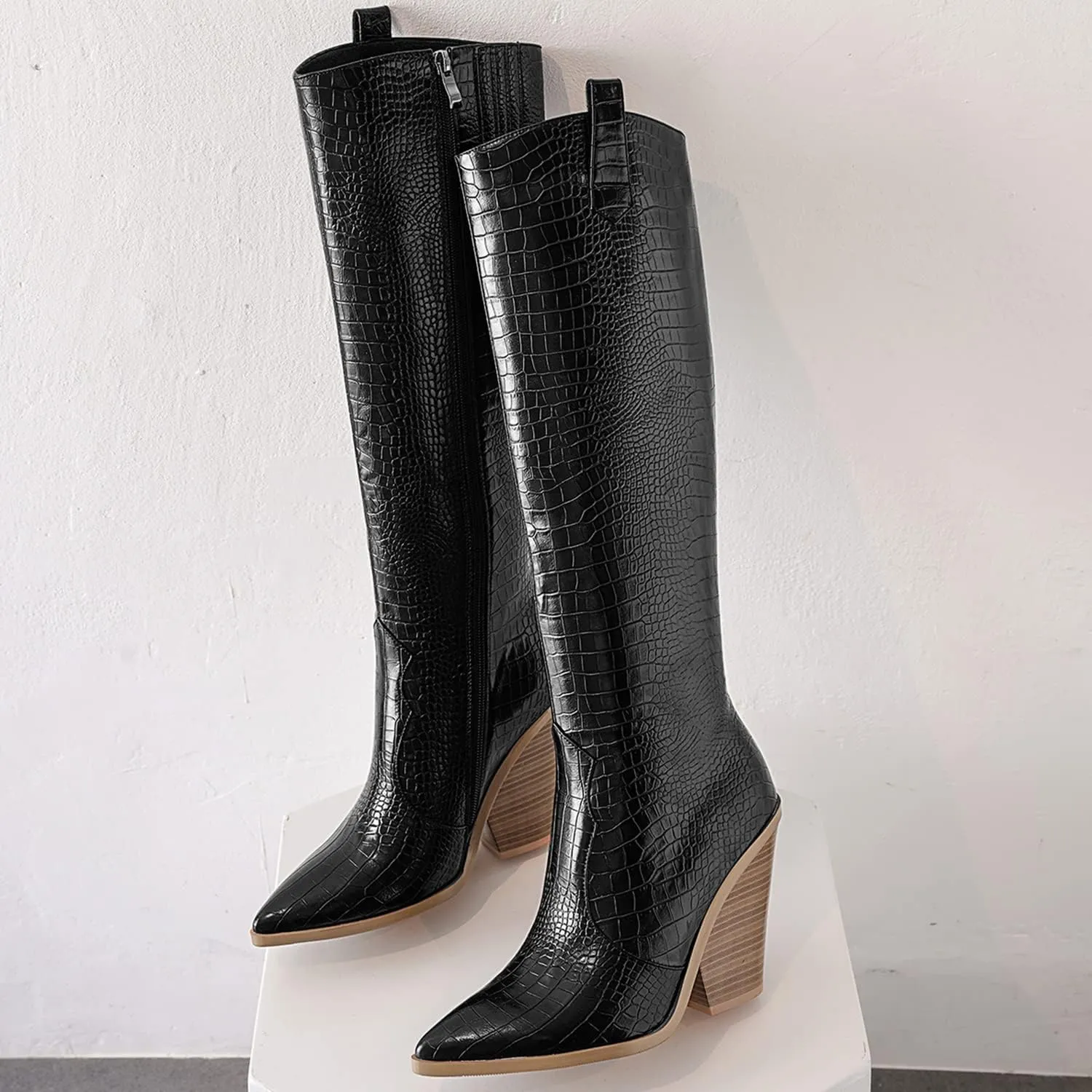 LEHOOR Women Western Knee High Boots Chunky Heel Pointed Toe Crocodile Cowboy Long Boots Side Zipper Sexy 4 Inch Stacked High Heel Tall Boots Cowgirl Mid Calf Animal Print Vintage Party 4-13 M US