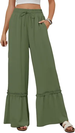 Linen Pants Women Wide Leg Beach Pants Summer Drawstring High Waist Loose Flowy Pant Business Work Trousers