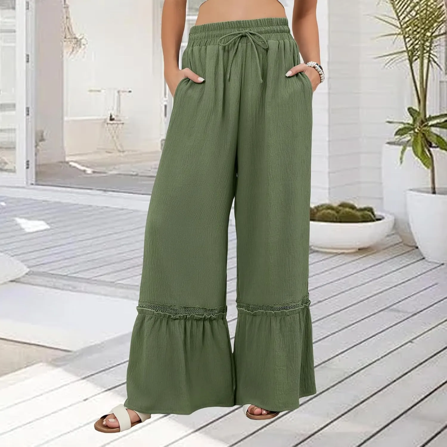 Linen Pants Women Wide Leg Beach Pants Summer Drawstring High Waist Loose Flowy Pant Business Work Trousers