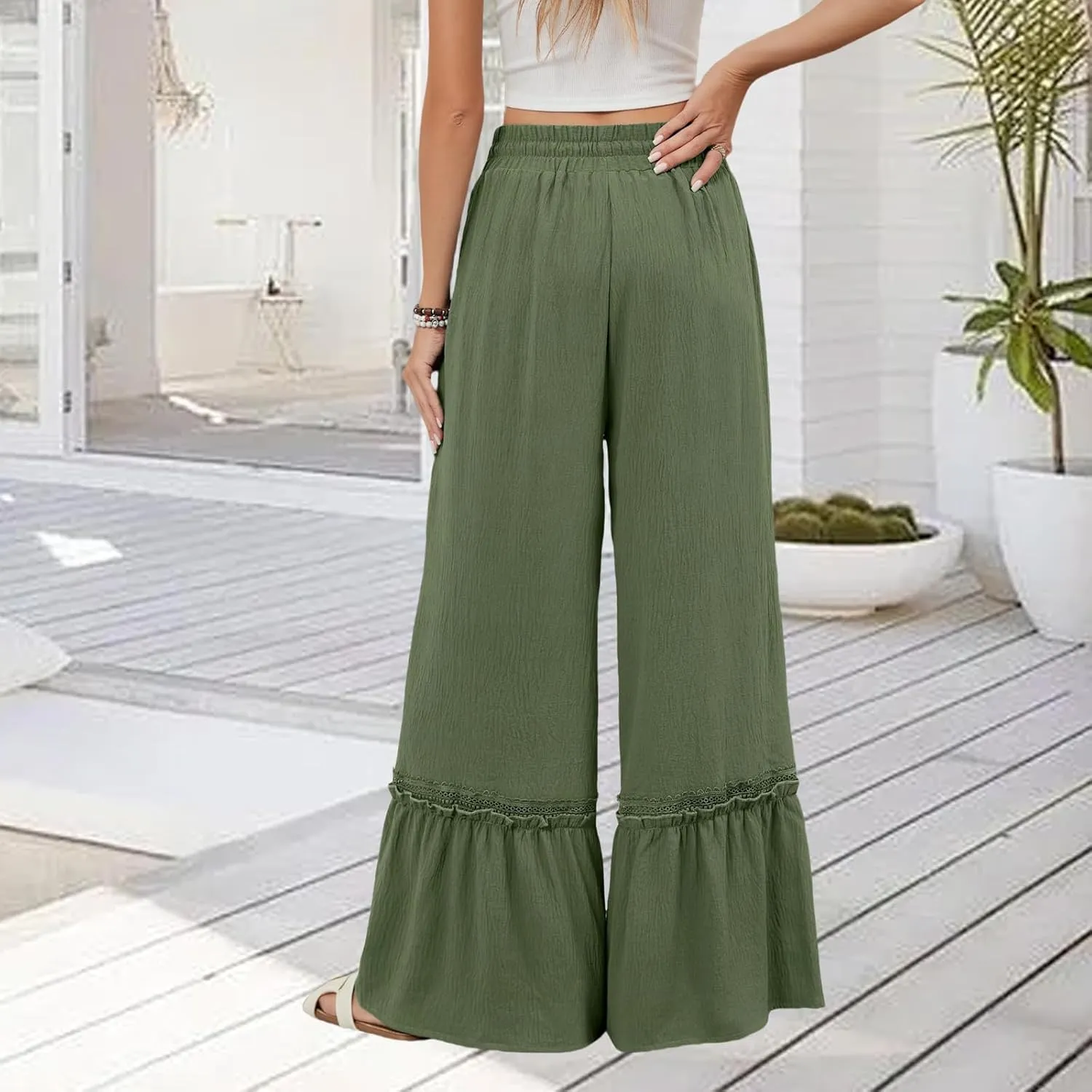 Linen Pants Women Wide Leg Beach Pants Summer Drawstring High Waist Loose Flowy Pant Business Work Trousers