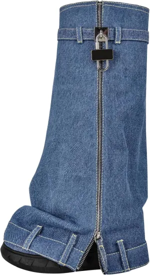 LISHAN Women's Platform 3.5in Heel Knee High Shark Boots with Padlock